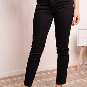 RISEN Full Size Asymmetrical Waist Raw Hem Jeans in Solid Black